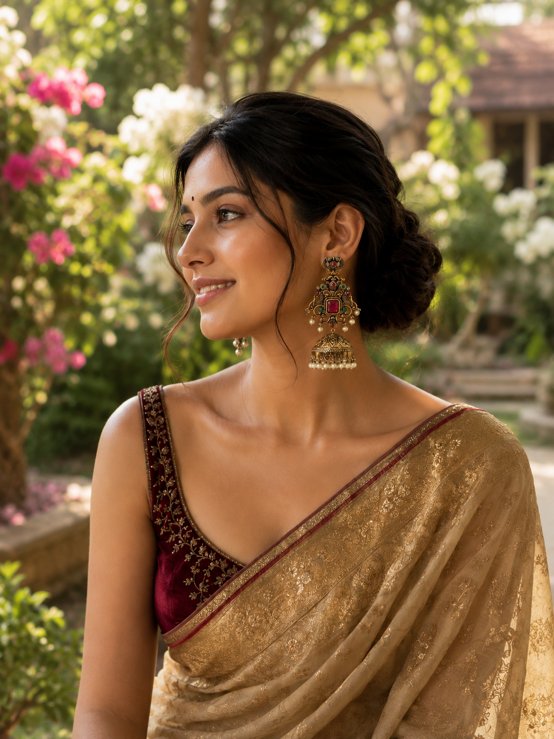 A woman wearing a gold saree with a deep maroon embroidered neckline and matching gold earrings, photographed outdoors in a garden setting with blurred pink and white flowers.