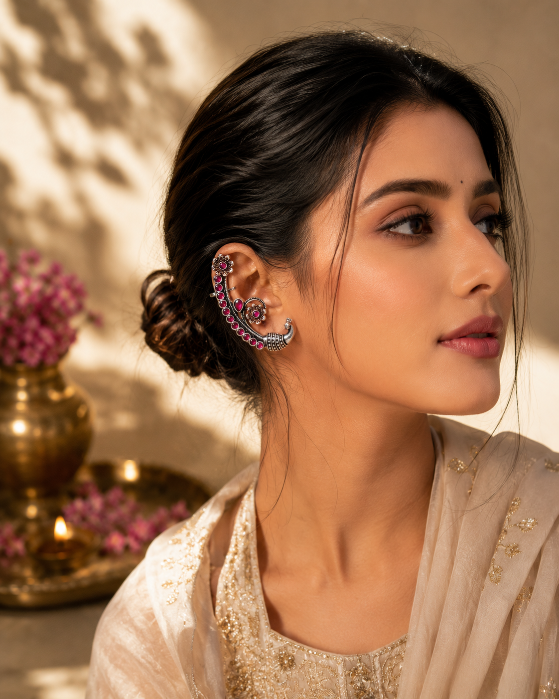 A woman in profile wearing a large, ornate Indian huggie earring with pink and blue stones, paired with a beige embroidered traditional outfit. The background features warm, soft-focus lighting and a brass pot with flowers.