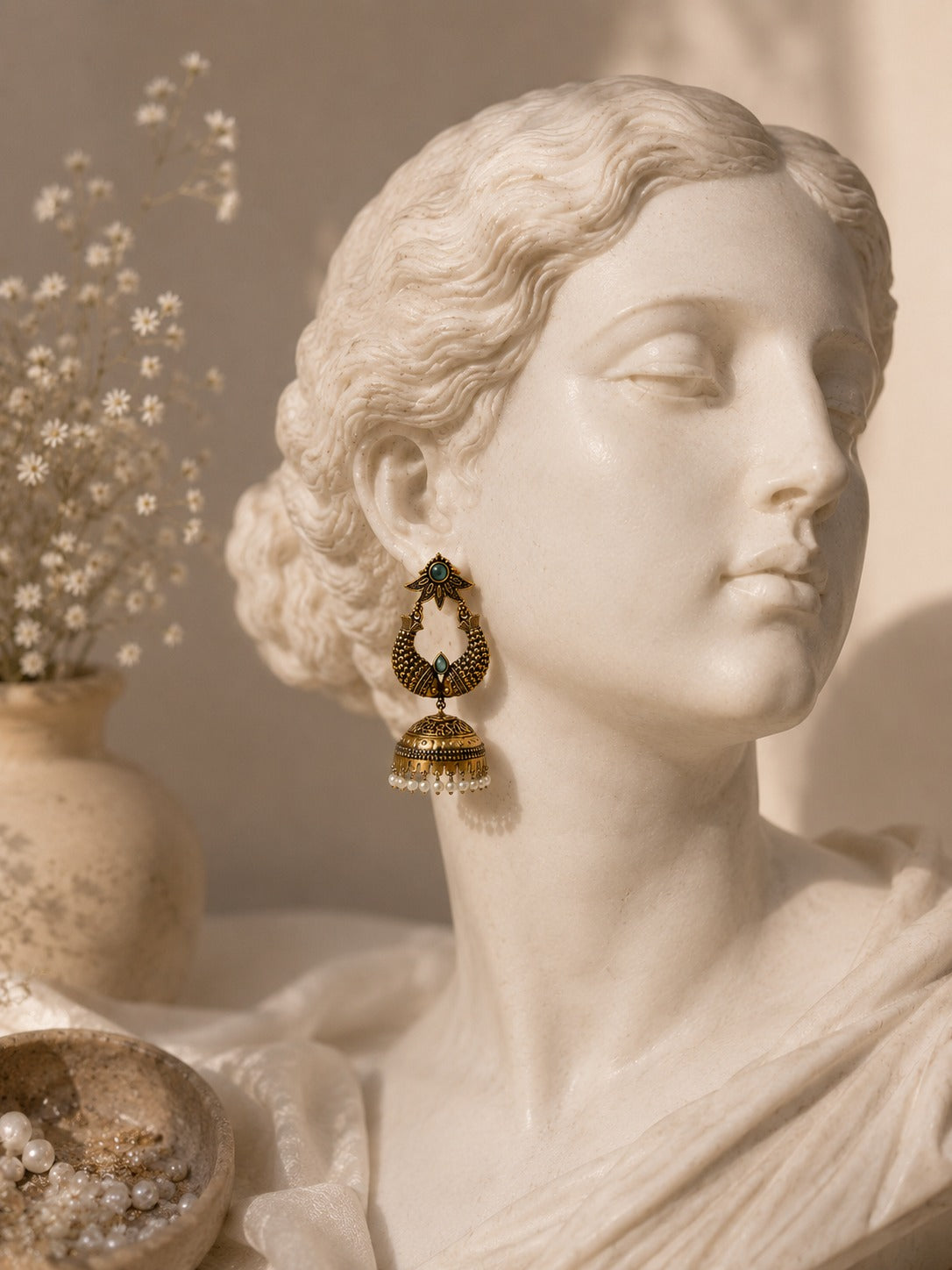 A close-up of a classical marble bust wearing a dangling ornate earring. The earring has a dark metal frame with a gold-toned bell-shaped drop and small green stone accents.