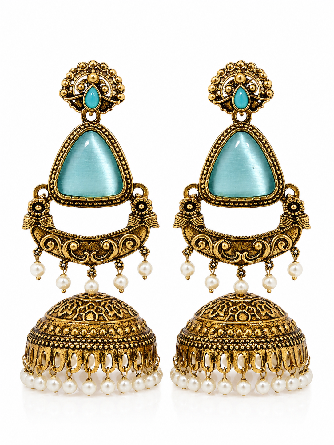 A pair of ornate Indian jhumka earrings with antique gold-plated metalwork, light blue stone accents, and dangling white faux pearls, shown on a plain white background.