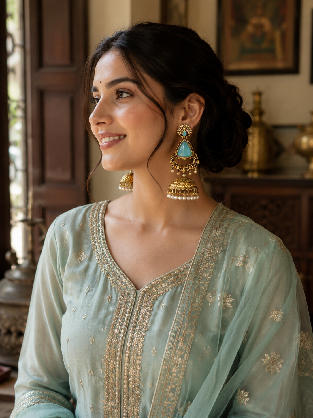 A woman wearing a light sage green traditional outfit with gold embroidery and matching gold statement earrings with turquoise accents, posed in an indoor setting with wooden furniture in the background.