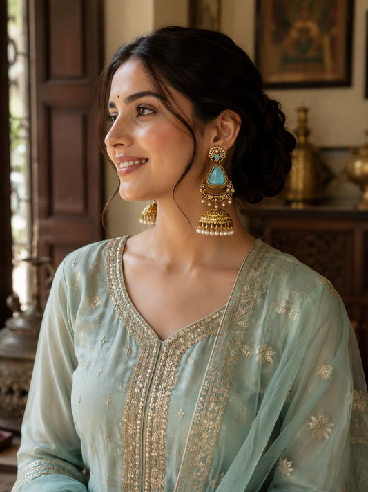 A woman wearing a light sage green traditional outfit with gold embroidery and matching gold statement earrings with turquoise accents, posed in an indoor setting with wooden furniture in the background.