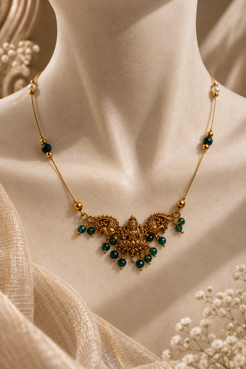 An ornate gold necklace with green bead accents and a detailed central pendant, displayed on a cream-colored mannequin bust with soft beige fabric and small white flowers.