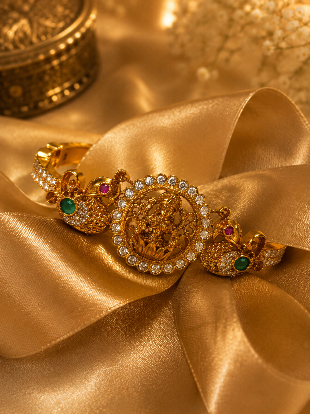 An ornate gold-toned jewelry piece displayed on draped satin fabric, featuring a central round medallion surrounded by small clear stones, flanked by two decorative side elements with green and pink stones.