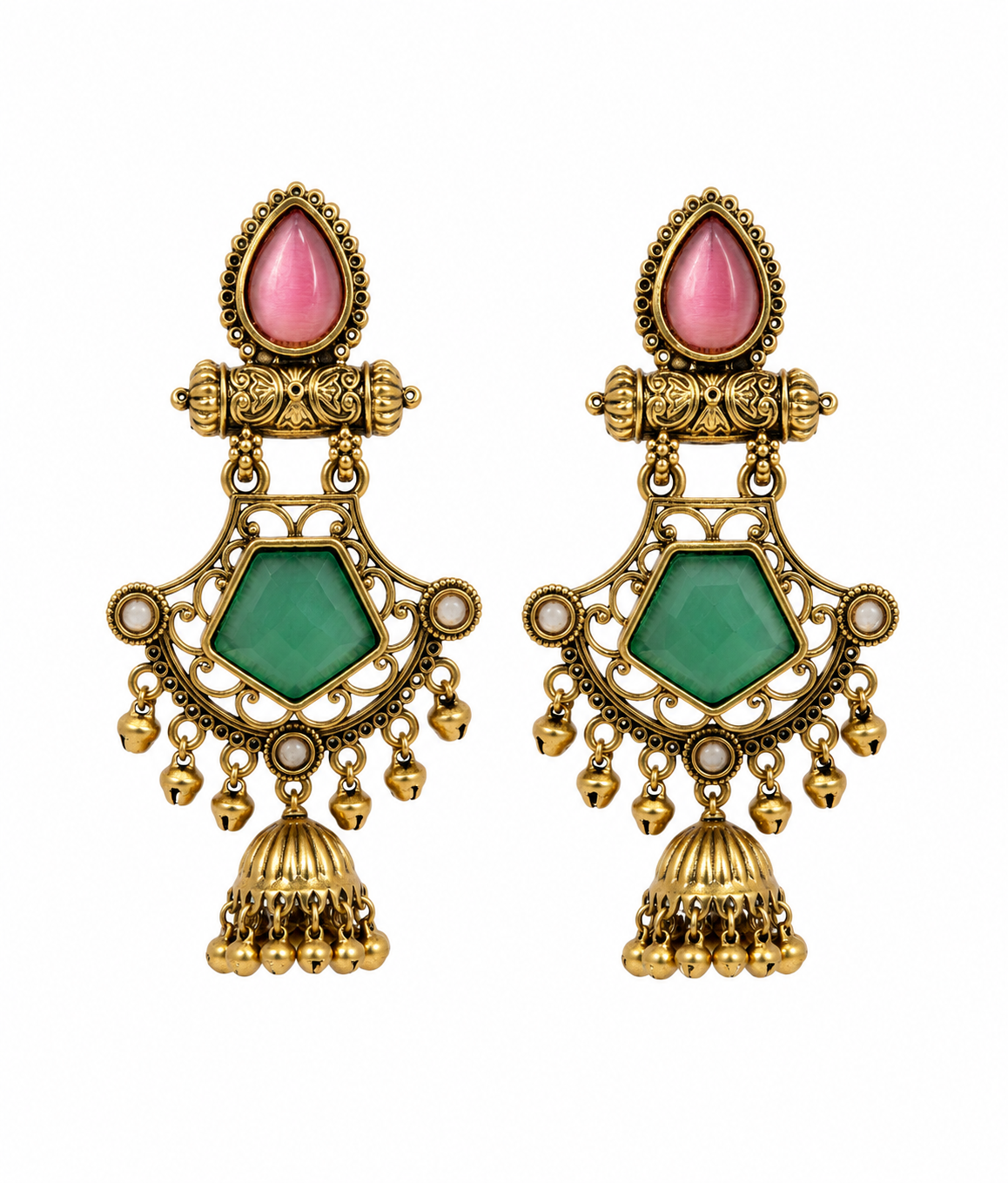 A pair of ornate gold-toned dangle earrings with pink teardrop-shaped stones at the top and green hexagonal stones in the center, decorated with dangling gold beads and filigree details, shown on a plain white background.