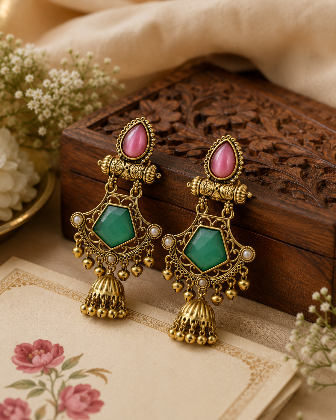 A pair of ornate gold-toned dangle earrings with pink teardrop stones and green hexagonal centers, styled on a vintage floral card over a carved wooden box.