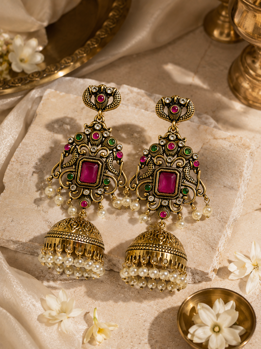 A pair of ornate Indian jhumka earrings with gold-plated metalwork, pink rectangular stones, green and pink round stones, and dangling pearl bead chains, displayed on a beige fabric surface with decorative props.