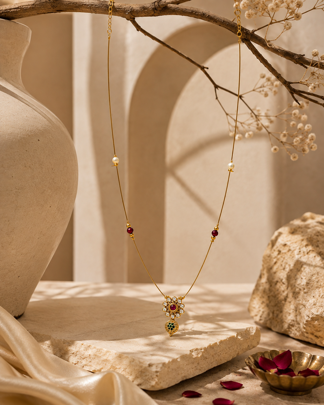 A delicate gold necklace with small pearl-like beads and red gemstone accents hangs from a branch in a warm, styled studio setting with beige stone props and dried flowers.