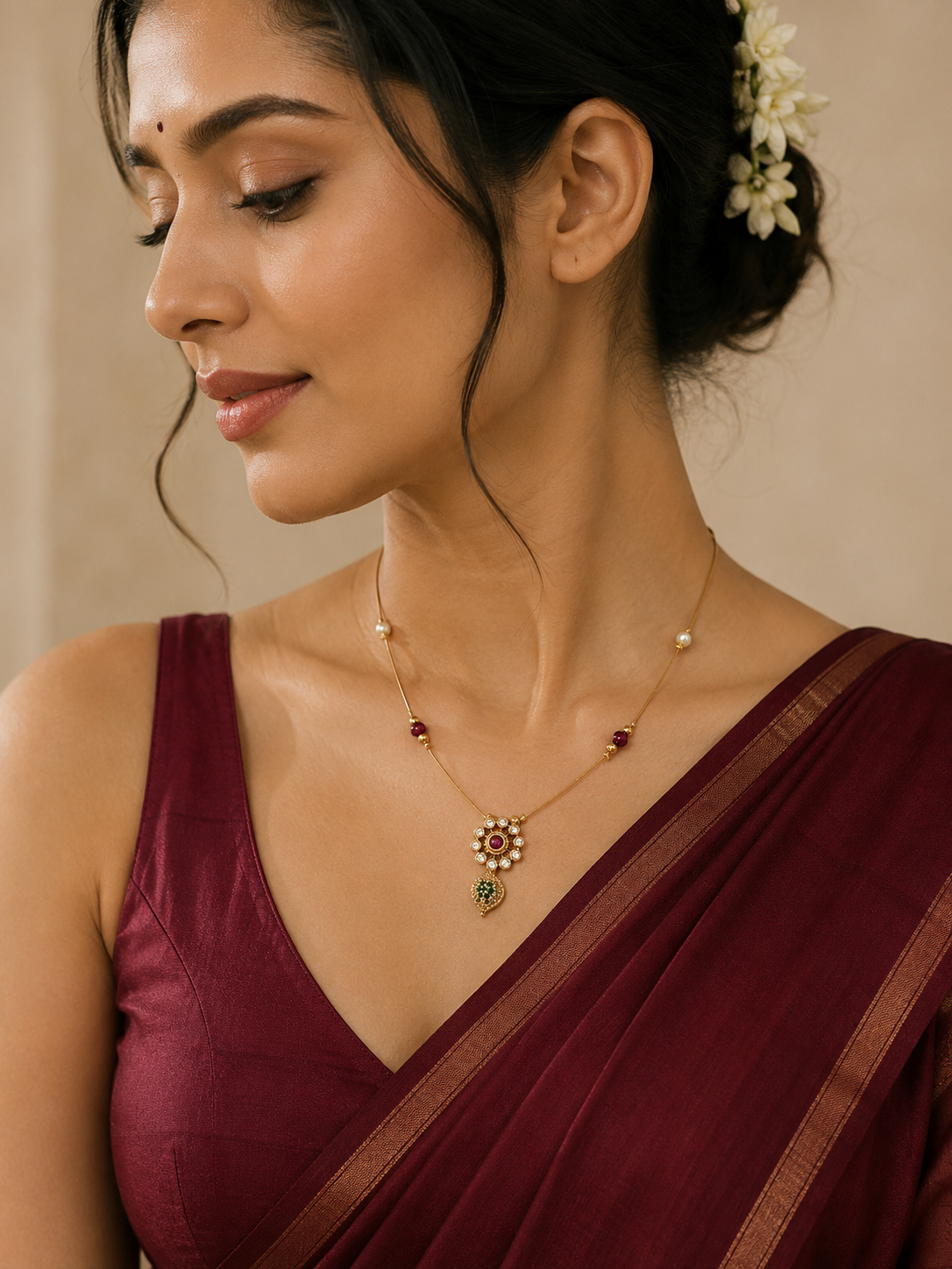 A woman wearing a gold-toned necklace with a red and green floral pendant, paired with a deep maroon sari. She is shown in a close-up profile against a soft beige background.
