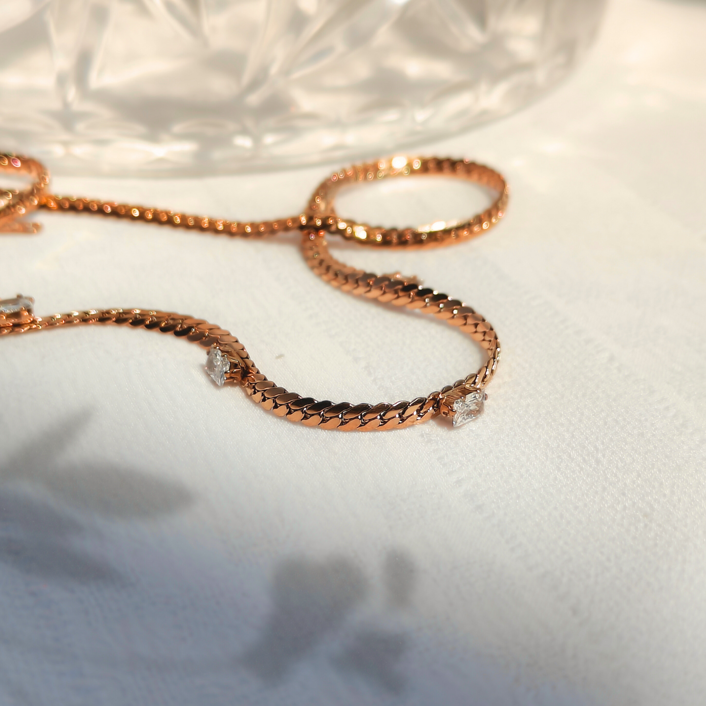 Radiant Baguette Anti-tarnish Necklace, close up in natural light 