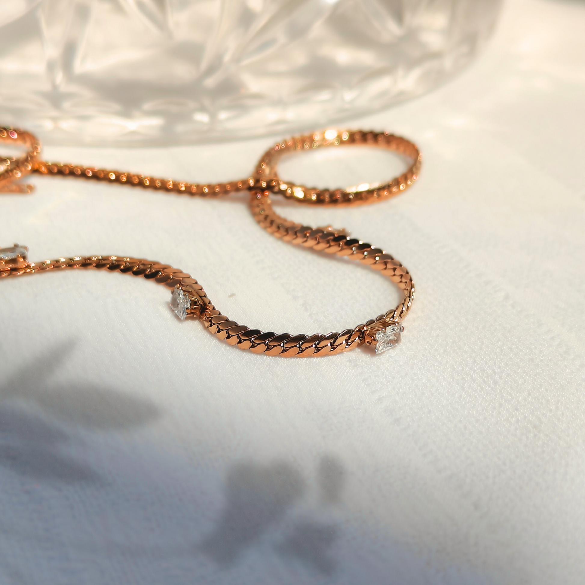 Radiant Baguette Anti-tarnish Necklace, close up in natural light 