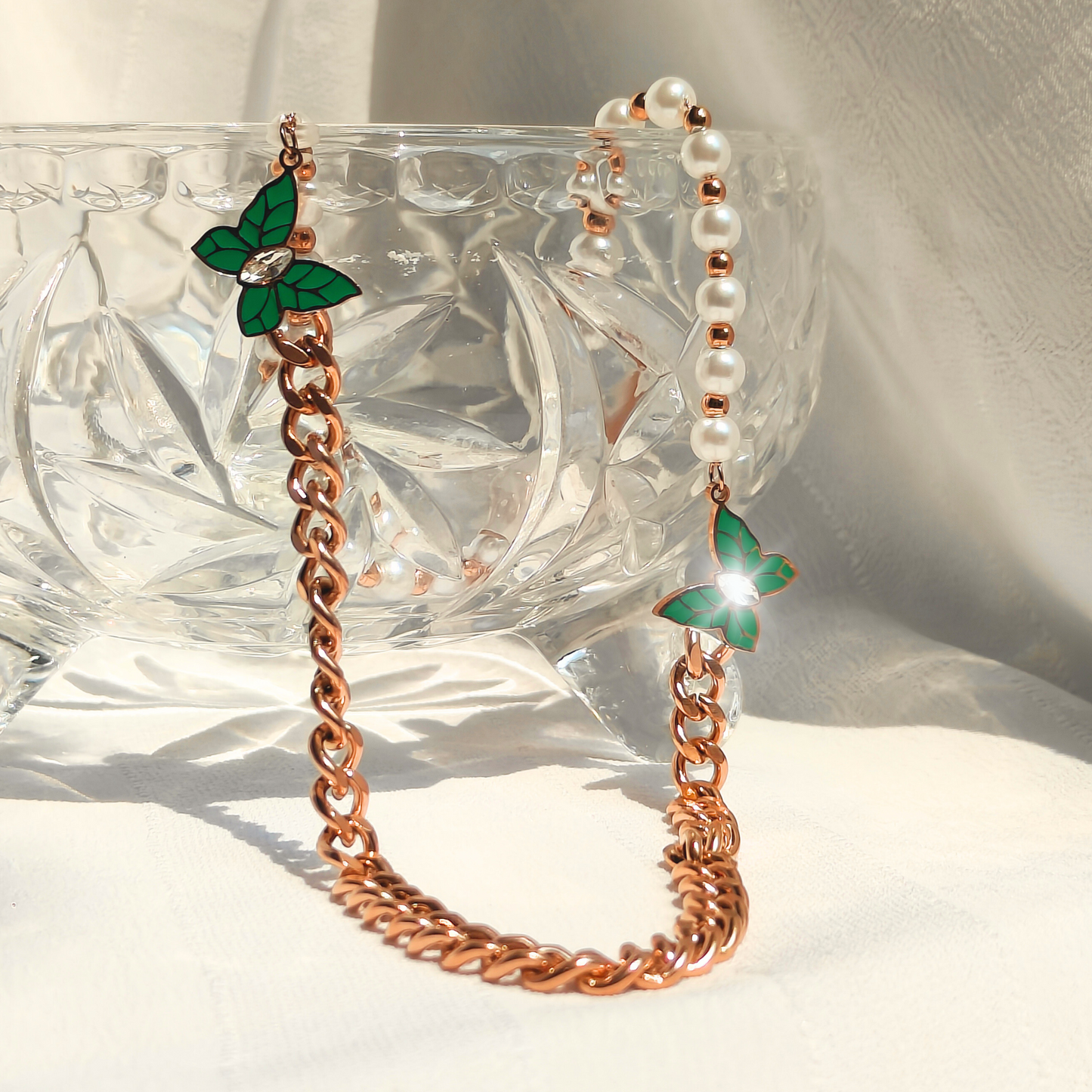 Pearl Butterfly Anti-tarnish Necklace full length shot in sunlight