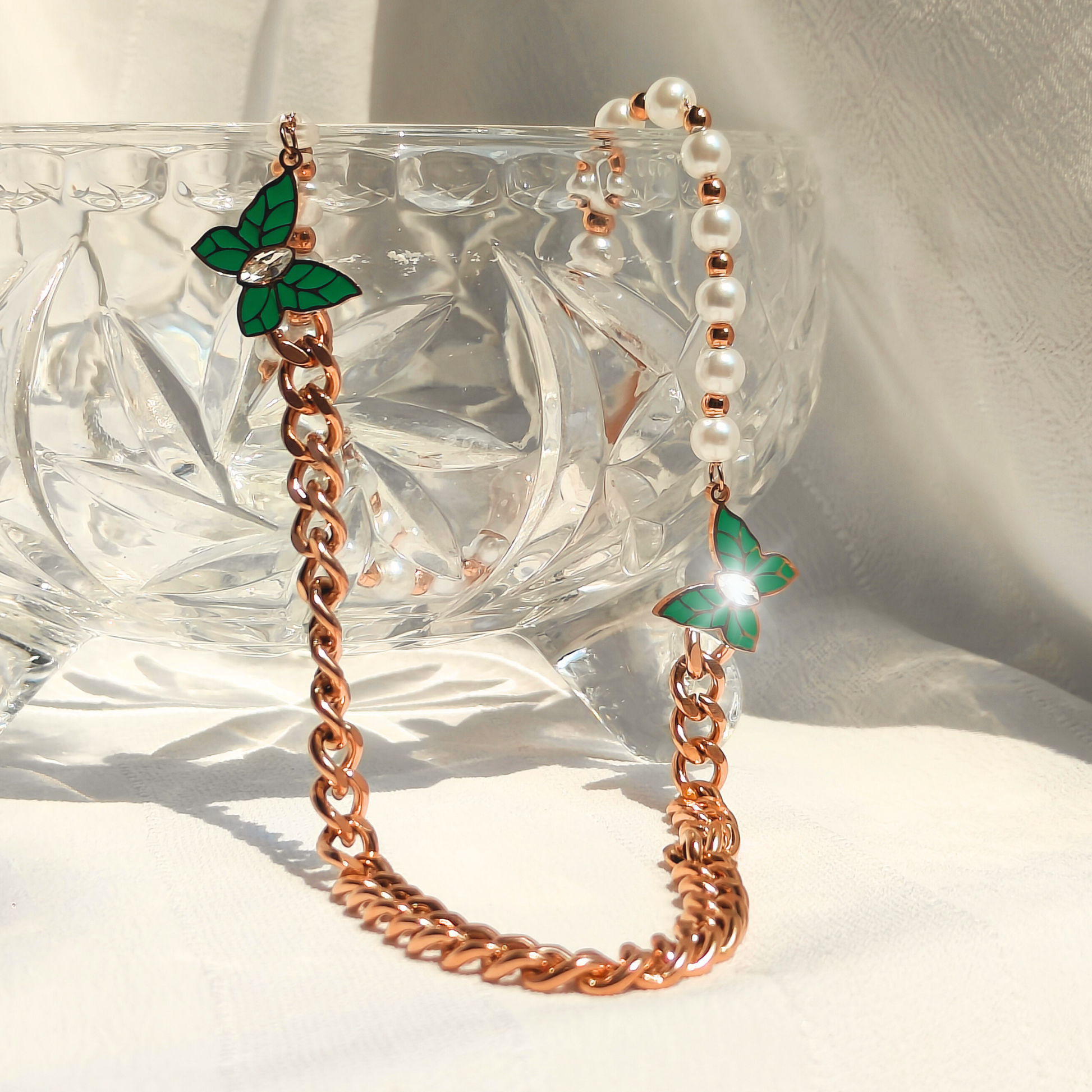 Pearl Butterfly Anti-tarnish Necklace full length shot in sunlight