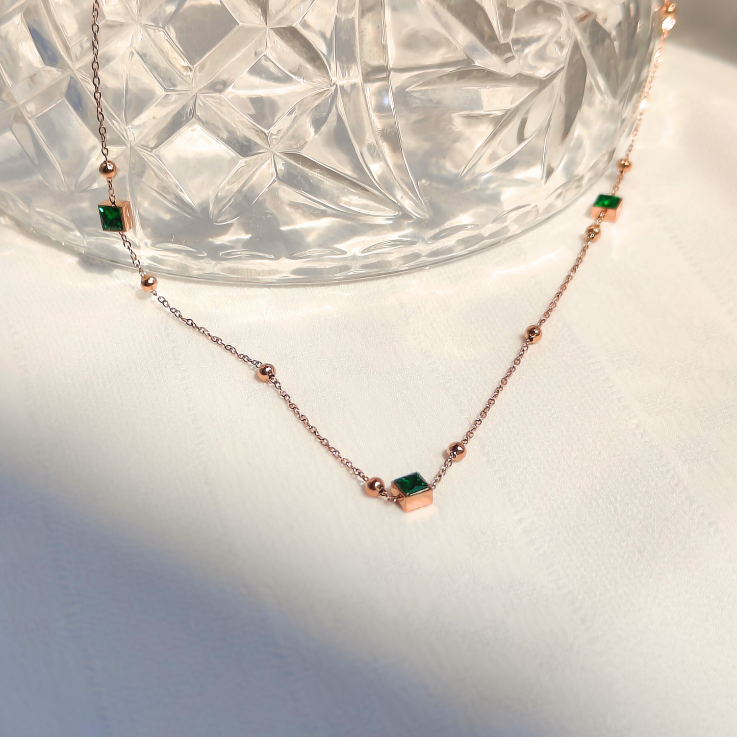 Emerald Enclave Linked Anti-tarnish Necklace in natural lighting 