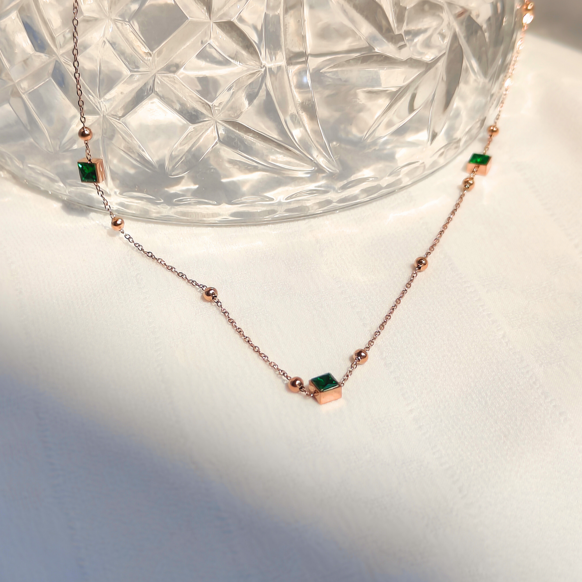 Emerald Enclave Linked Anti-tarnish Necklace in natural lighting 