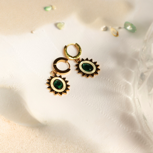 Emerald Sun Anti-tarnish Earrings, in natural light and shadow