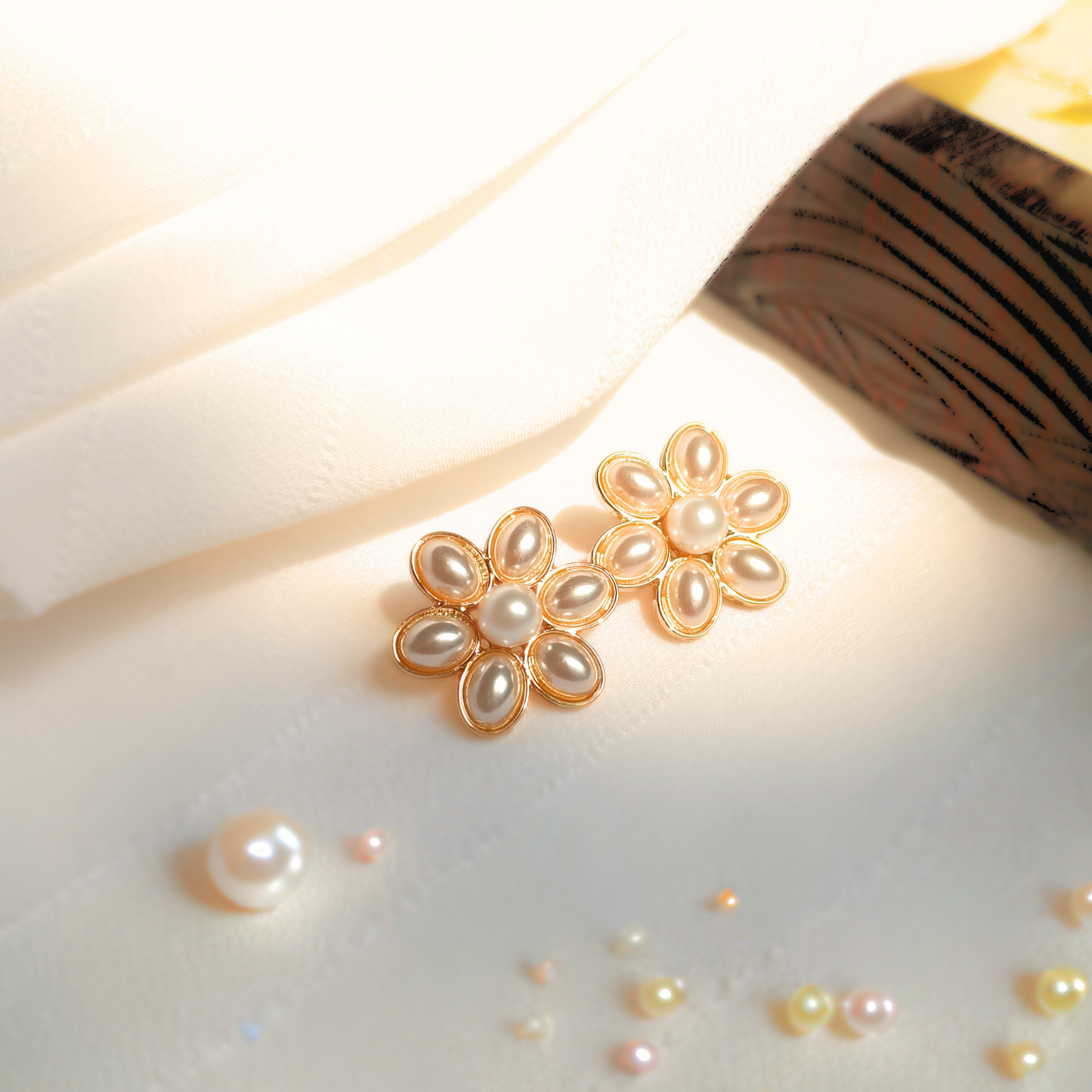 Pearl Flora High Quality Earrings top side view in sunlight