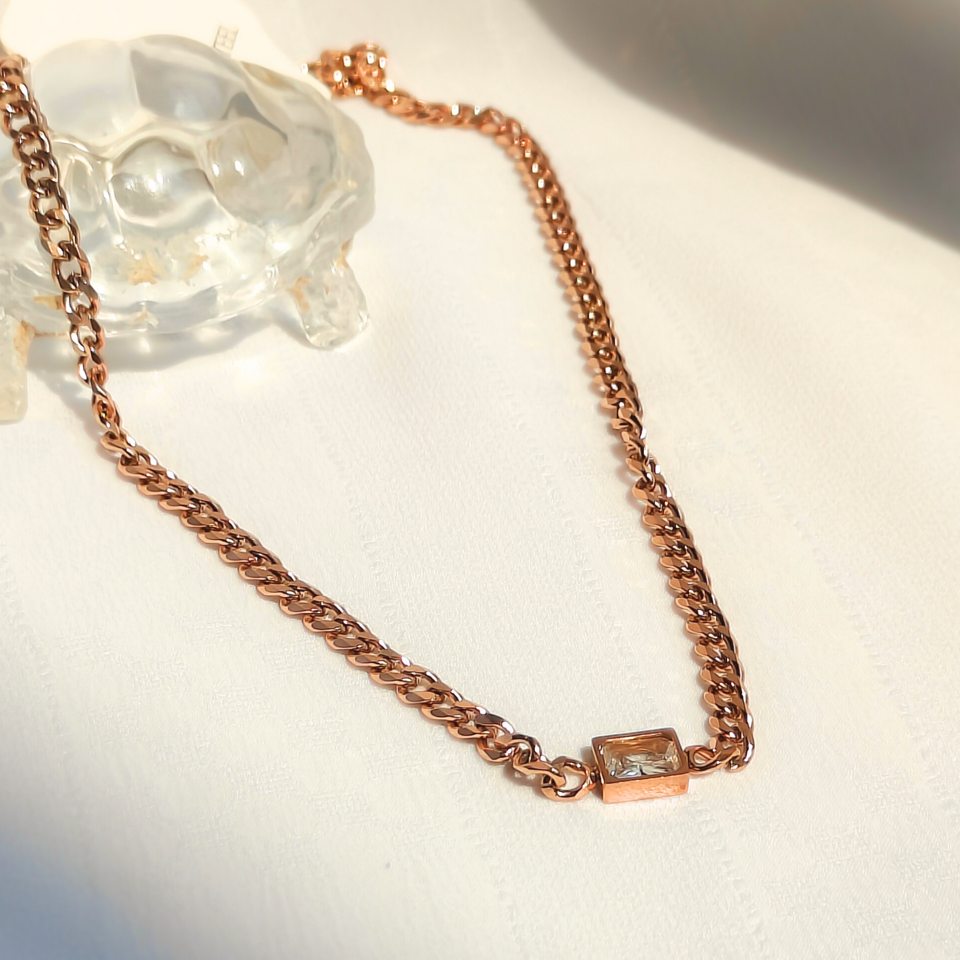 Zirconia Majesty Anti-tarnish Necklace in natural lighting top side angle view